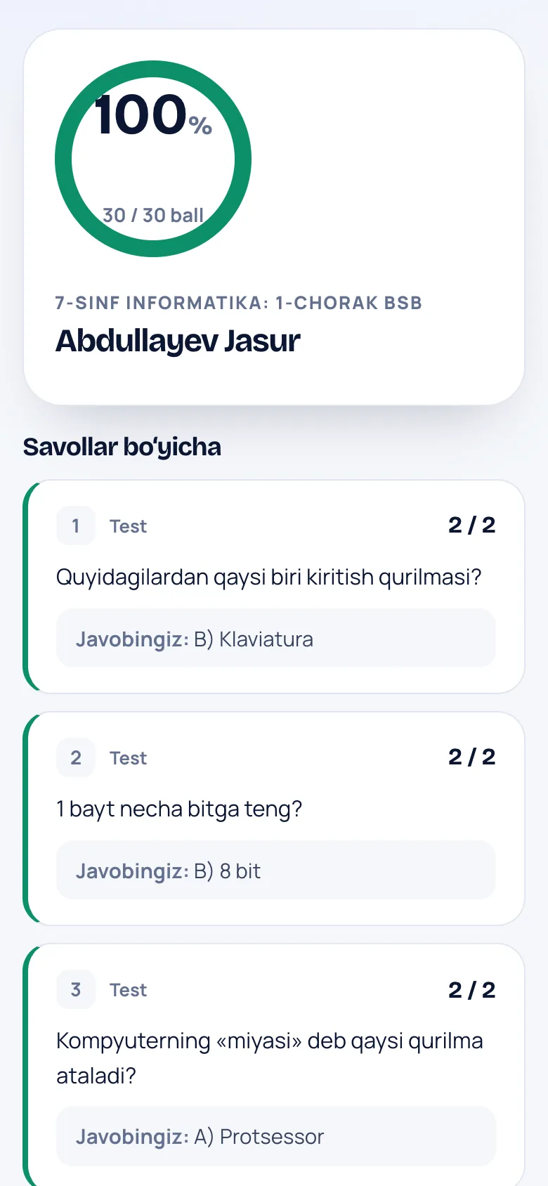 O‘quvchining natija sahifasi